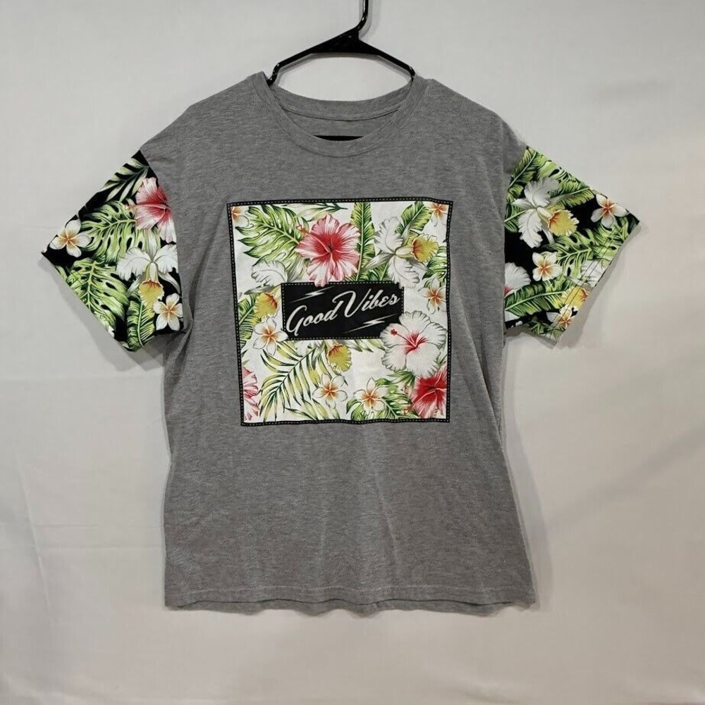 Fresh Laundry Mens Good Vibes Tropical Floral Graphic T-Shirt Gray Large L